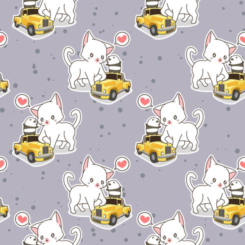 Gato kawaii inconsútil con pequeño patrón de coche amarillo vector