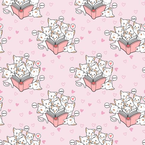 Seamless kawaii cats are loving a book pattern vector