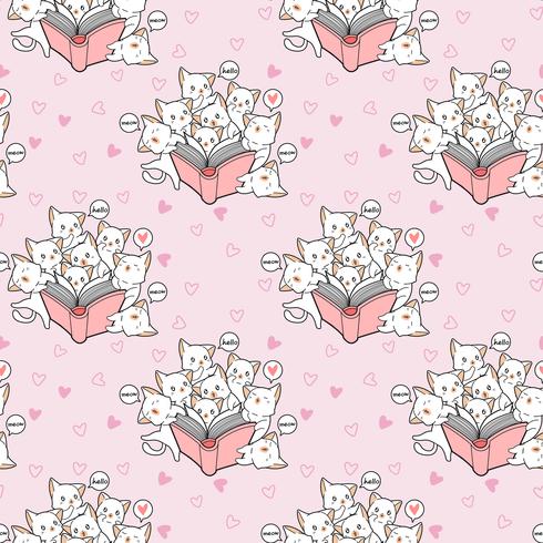 Seamless kawaii cats are loving a book pattern vector