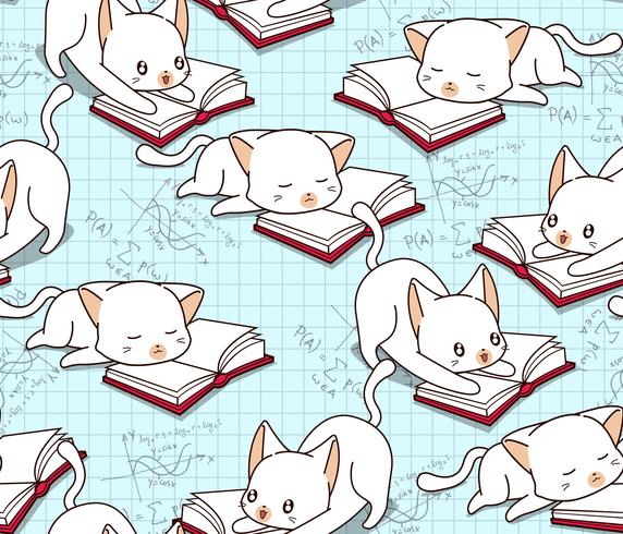 Seamless cute cat is reading a book pattern. vector