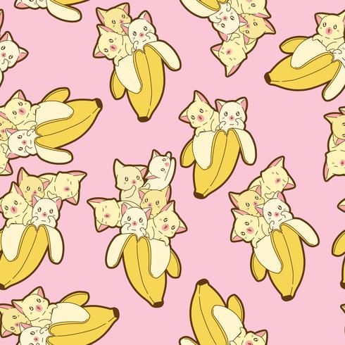 Seamless kawaii cats in banana pattern. vector