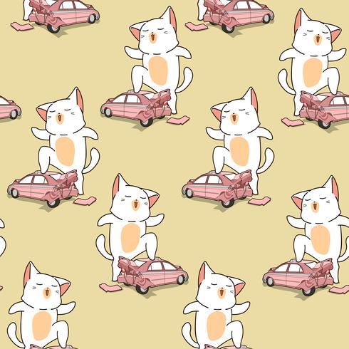 Seamless kawaii giant cat with a broken car pattern vector