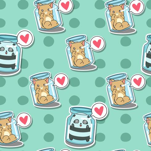 Seamless cat and panda in bottle pattern. vector