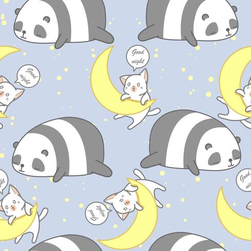 Seamless panda and cat in good night theme pattern. vector
