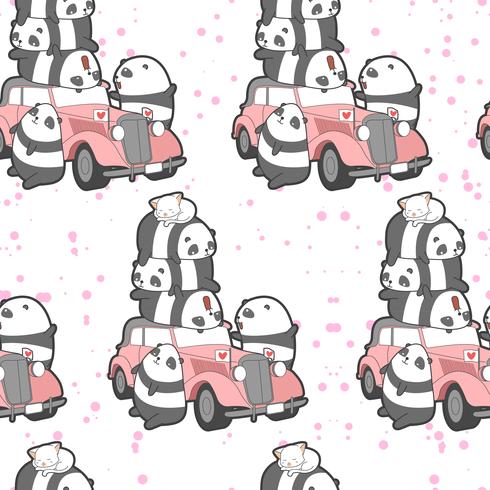 Seamless pandas and vintage car pattern. vector