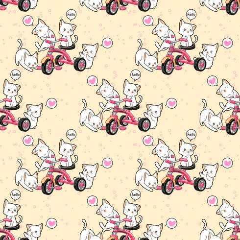 Seamless kawaii cats with a pink tricycle pattern vector