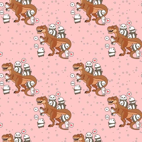 Seamless kawaii pandas and cats with dinosaur pattern vector