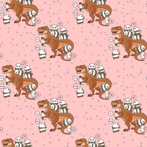 Seamless kawaii pandas and cats with dinosaur pattern vector