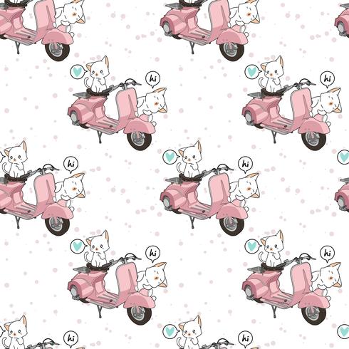 Seamless kawaii 2 white cats with motorcycle pattern vector