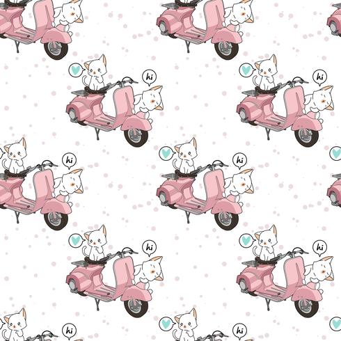 Kawaii 2 gatos blancos sin costura con diseño de motocicleta vector