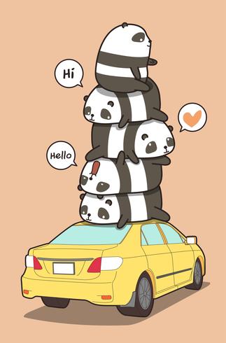 Pandas en el coche amarillo en estilo de dibujos animados. vector