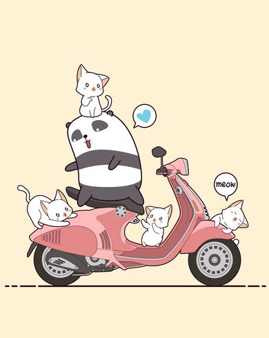 Panda jinete y lindos gatos con moto rosa. vector