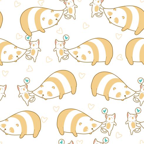 Seamless cat is pinching panda pattern. vector