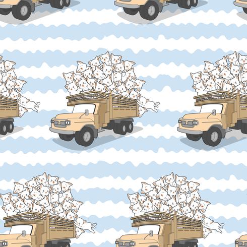 Seamless drawn kawaii cats on truck pattern. vector