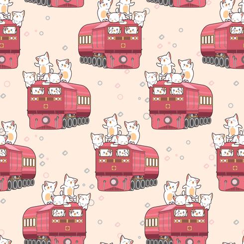 Seamless kawaii cat on the train pattern vector