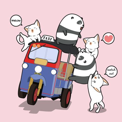 Pandas Kawaii y gatos con triciclo a motor. vector