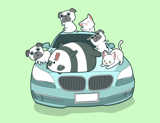 Kawaii animales y auto azul en estilo de dibujos animados. vector