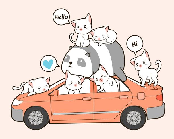 Lindos gatos y panda con coche en estilo de dibujos animados. vector