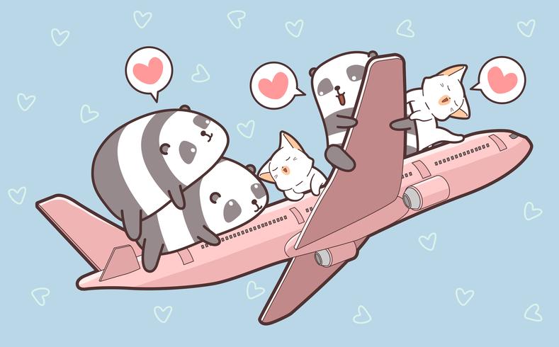 Lindos pandas y gatos y en el avión. vector