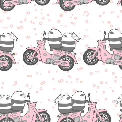 Seamless kawaii panda está montando el patrón de la motocicleta. vector