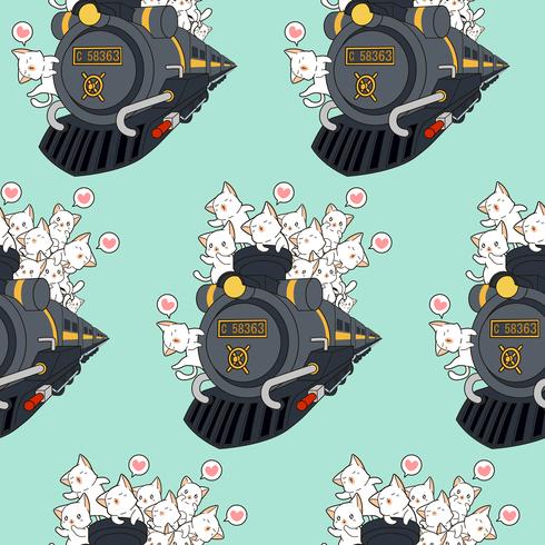 Seamless kawaii cats on the locomotive pattern. vector