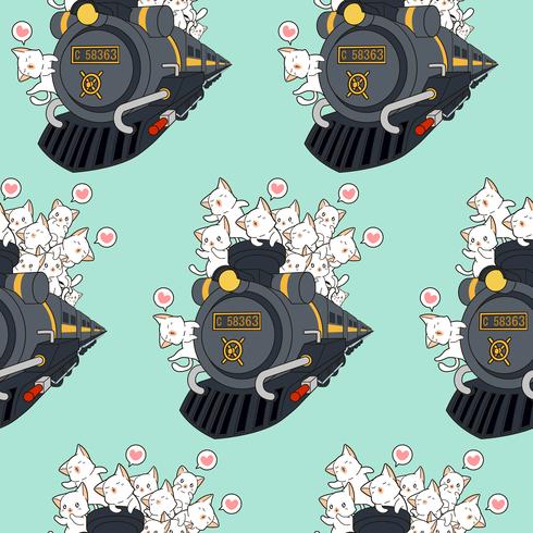 Seamless kawaii cats on the locomotive pattern. vector