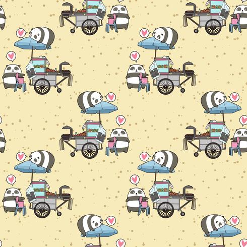 Seamless kawaii pandas with portable stall pattern vector