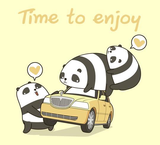 3 personajes kawaii panda con un coche vector