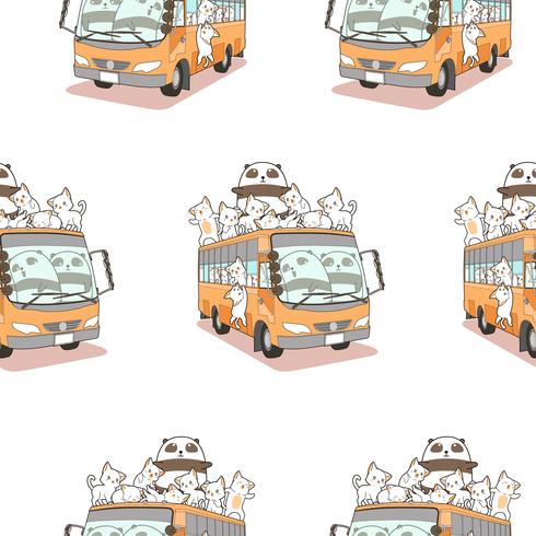 Seamless cute cats and panda and bus pattern. vector