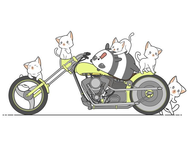 Kawaii panda and cats and motorcycle. vector