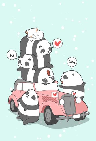 Panda y coche de época en estilo de dibujos animados. vector