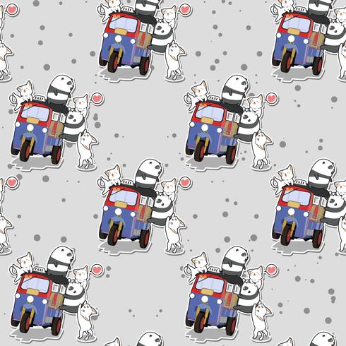 Seamless kawaii pandas and cats with motor tricycle pattern vector