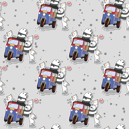 Seamless kawaii pandas and cats with motor tricycle pattern vector