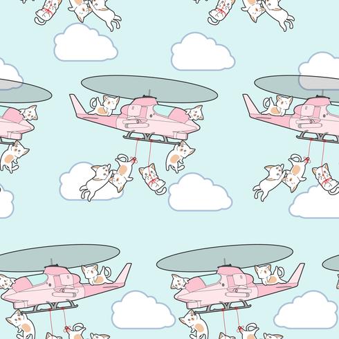 Seamless kawaii cats on helicopter pattern. vector