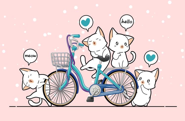 Gatos kawaii y bicicleta en estilo de dibujos animados. vector