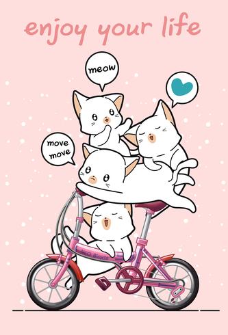 El gato Kawaii anda en bicicleta con amigos vector