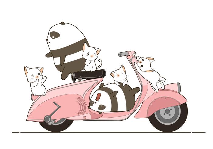 Pandas y gatos con moto en estilo cartoon. vector