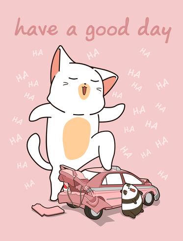 Kawaii gato gigante con un carro roto vector