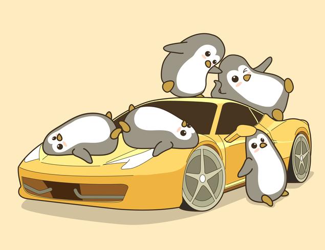 Pingüinos kawaii y coche deportivo amarillo. vector