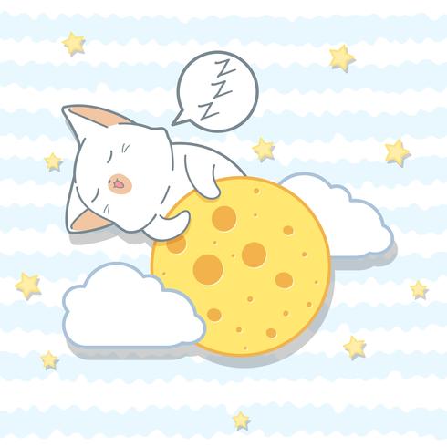 El gato Kawaii está abrazando a la luna en estilo de dibujos animados. vector