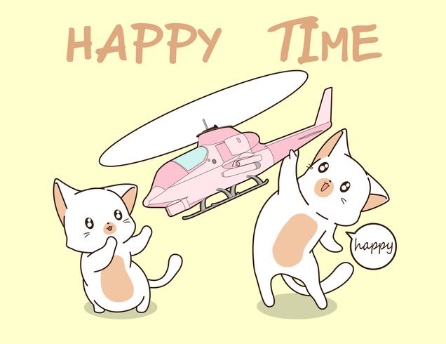 2 gatos kawaii están jugando helicóptero de juguete. vector