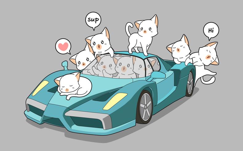 Cute cats and blue super car vector