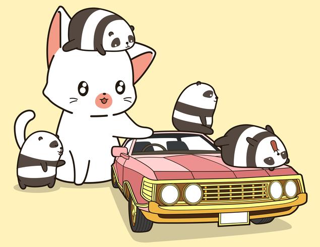 Gato gigante kawaii y pequeños pandas con carro rosa. vector