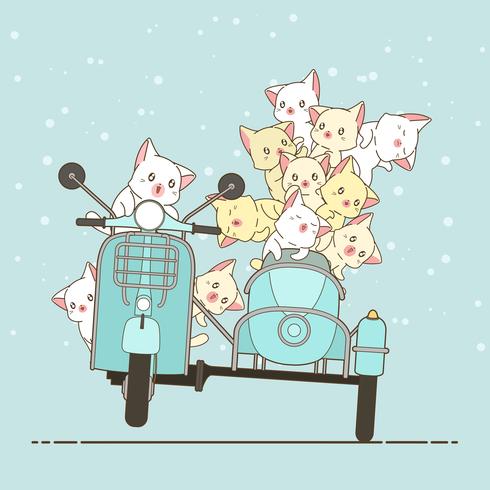 Dibujado kawaii jinete gato y amigos con moto. vector