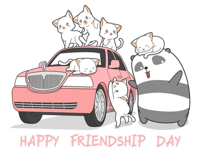 Dibujado kawaii gatos y panda con carro rosa. vector