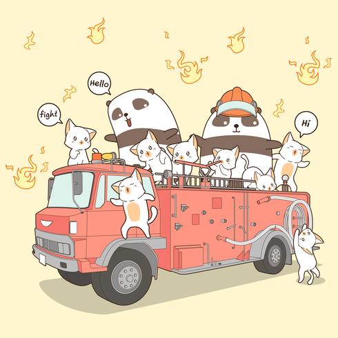 Gatos de Kawaii y bombero de la panda en el camión de bomberos en estilo de dibujos animados. vector