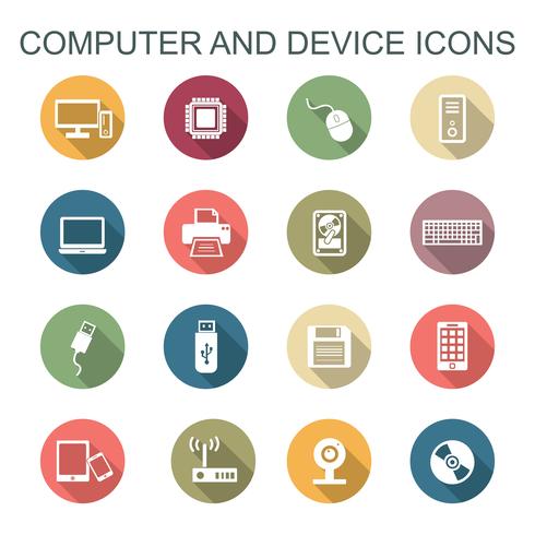 Computadora y dispositivo larga sombra iconos vector