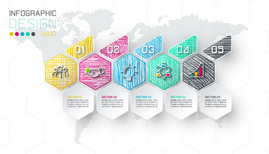 Hexágono de negocios etiquetas barra de grupos de infografía forma. vector