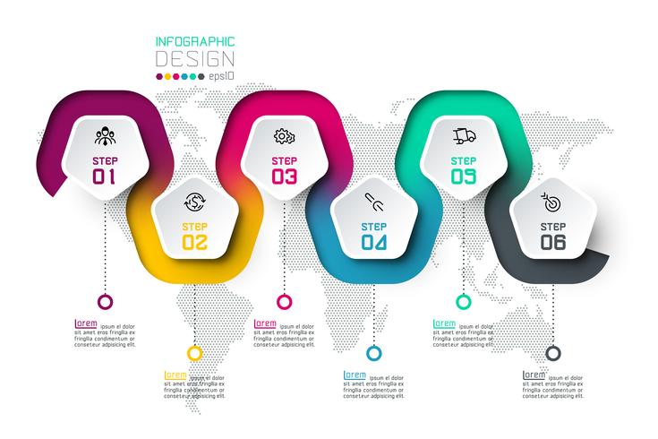 Pentagon label with color line linked infographics. vector