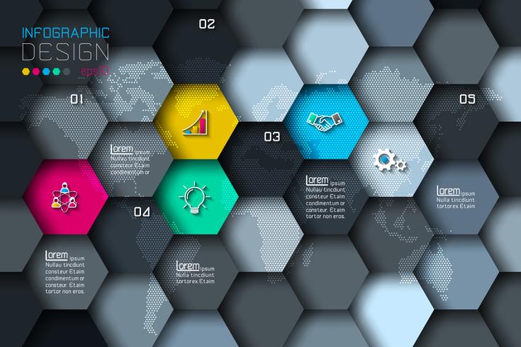 Business hexagon net labels shape infographic with dark background. vector